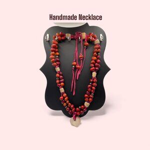 Statement Necklace Red Beads White Heart Pendant Leather 23